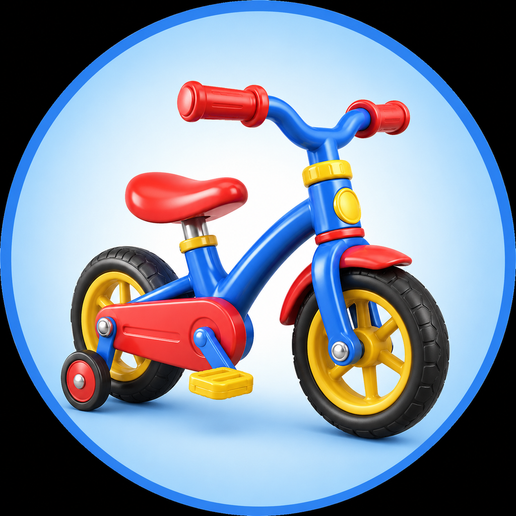 A colorful children's balance bike with a blue frame, red seat and handlebars, yellow wheels, and black tires, shown on a light blue circular background with a black outer border.