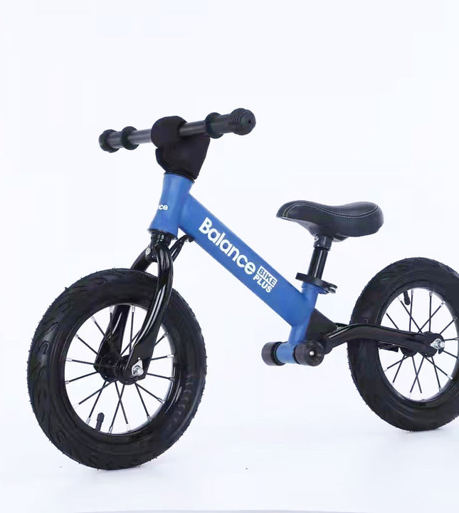 Bike Plus Kids Balance Bike Training Aluminium - Blue with Suspension - 12 Rubber Tyres - Foot Pegs -Ride On No Pedal Push