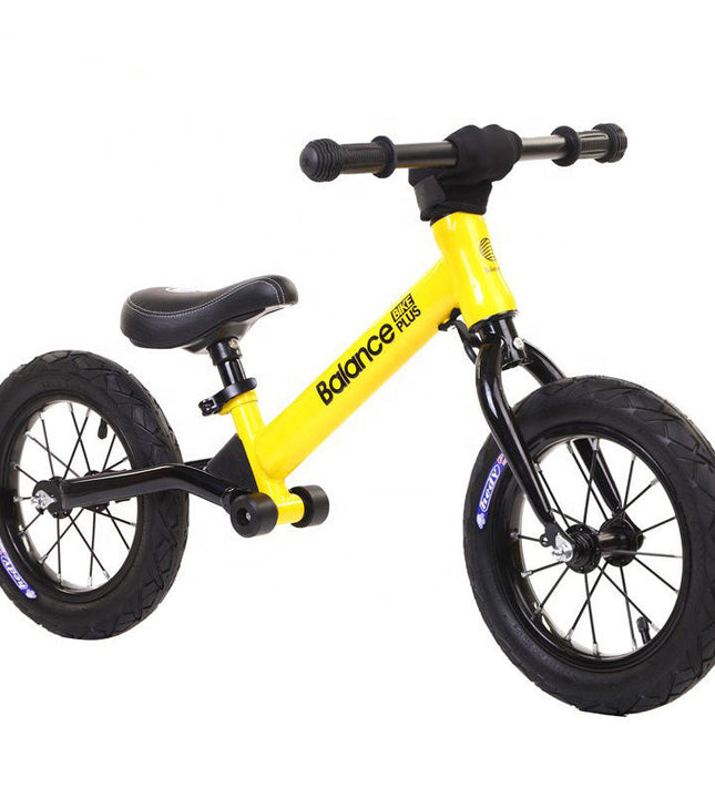 Bike Plus Kids Balance Bike Training Aluminium - Yellow with Suspension - 12 Rubber Tyres - Foot Pegs -Ride On No Pedal Push