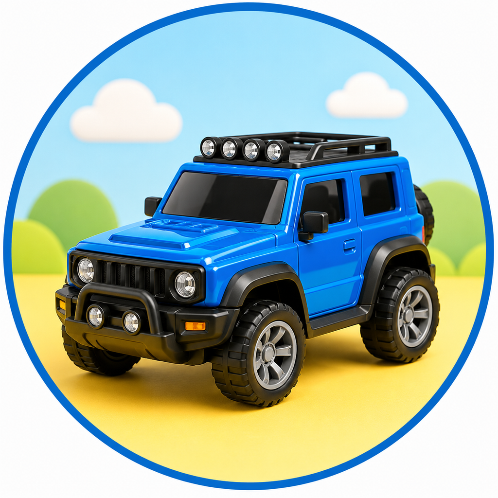 A bright blue toy off-road SUV with black trim, roof rack lights, and large black tires, shown inside a circular illustrated frame with a blue border, yellow ground, green hills, and a light blue sky with clouds.