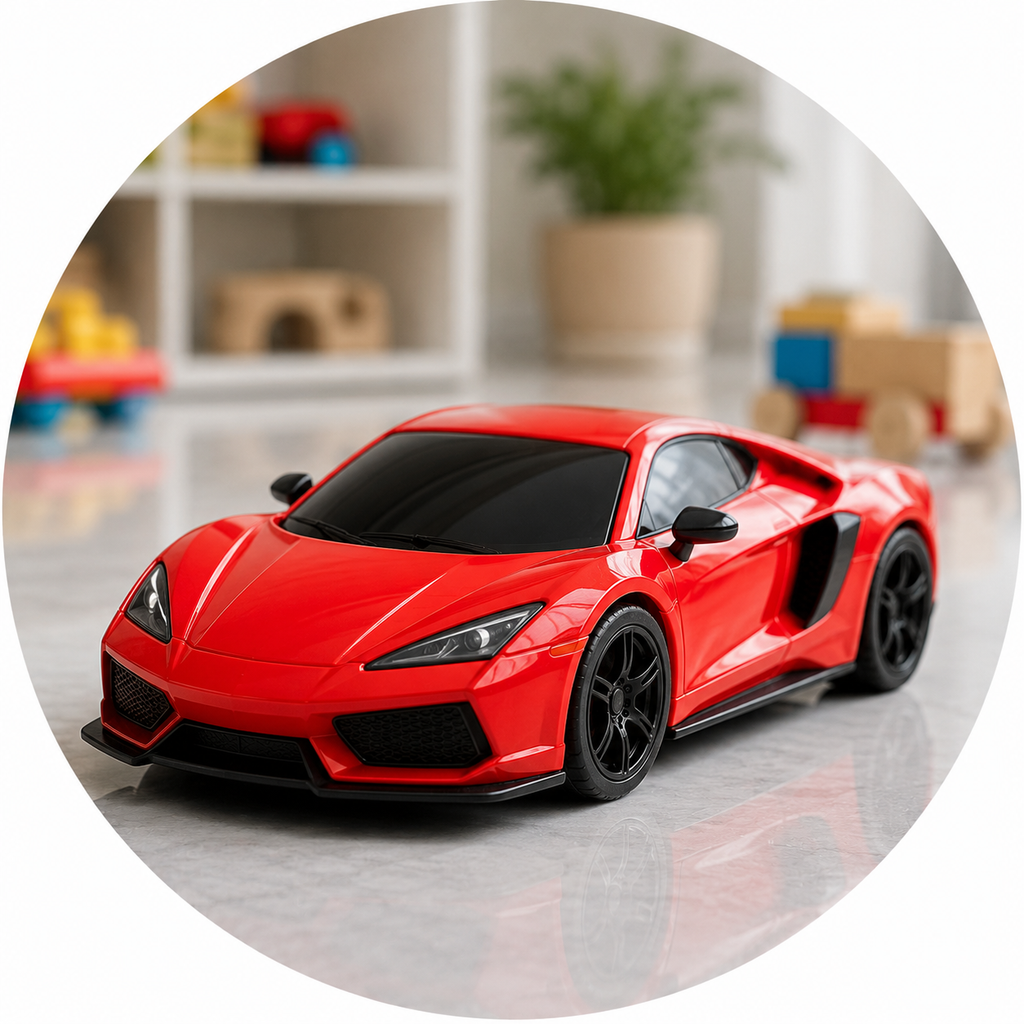 A red sports car toy or model shown inside a circular frame on a light gray surface, with a blurred indoor room background containing shelves, toys, and a potted plant.