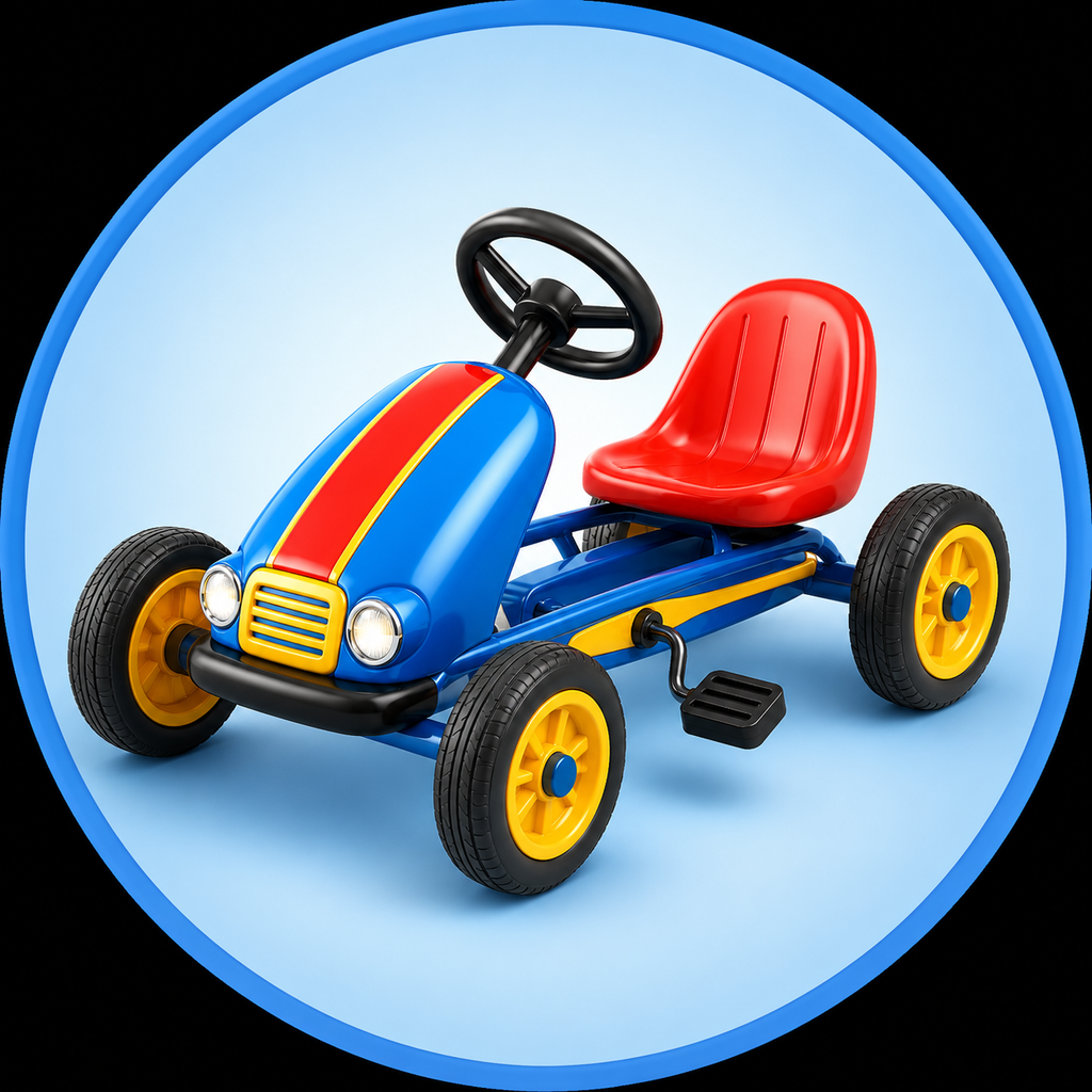 A colorful children's pedal go-kart toy with a blue body, red and yellow stripes, a red seat, black steering wheel and tires, and yellow wheels, shown inside a circular blue frame on a black background.