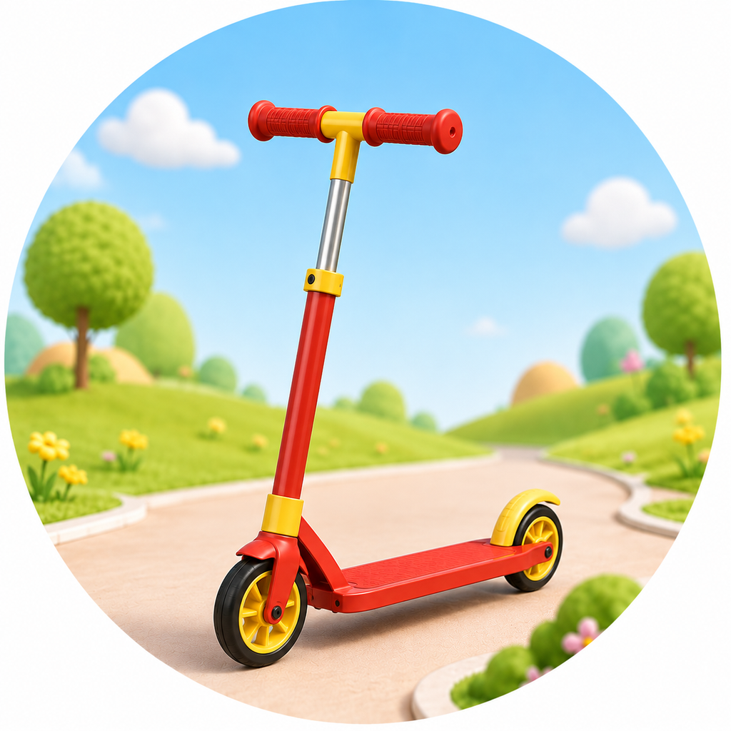 A red and yellow children's kick scooter with black wheels, shown in a stylized outdoor scene inside a circular frame. The background depicts a soft, cartoon-like landscape with green hills, trees, a blue sky, and white clouds.
