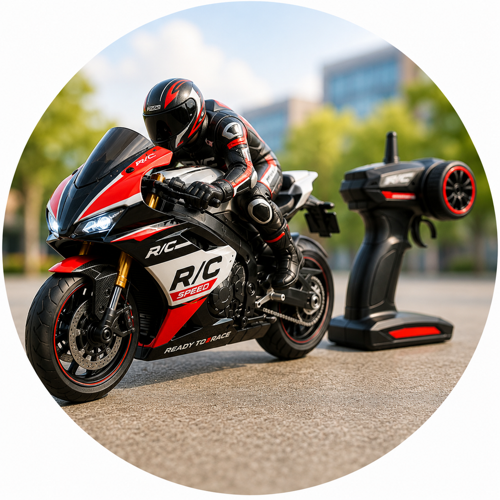 A red, black, and white RC sport motorcycle is shown with its matching black remote control on a blurred outdoor street background, presented inside a circular frame.
