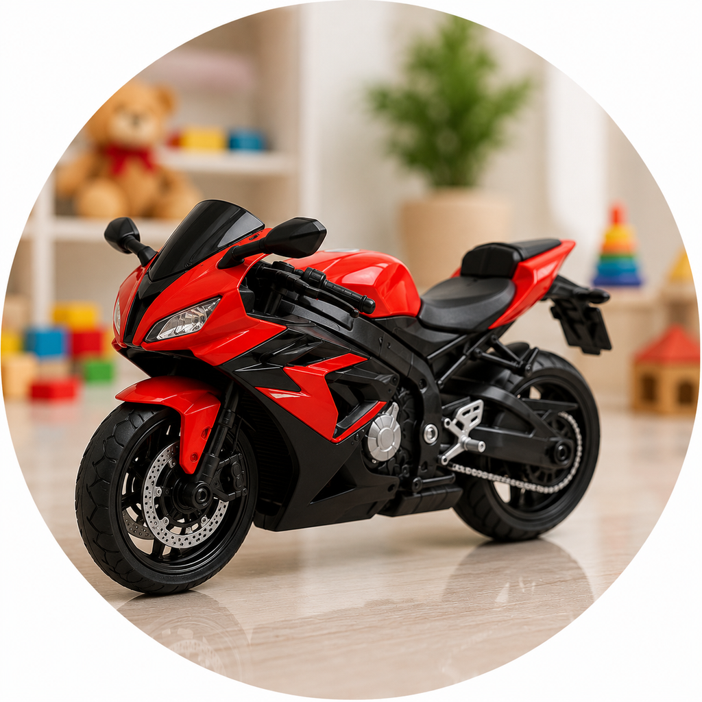 A red and black toy sport motorcycle with silver wheels, displayed inside a circular frame on a light wooden floor with a blurred playroom background.